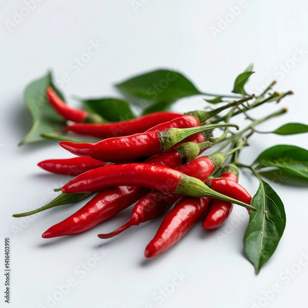 Fototapeta red chili product photo on white background, some whole red chilies with green stems and leaves, placed in the middle of the frame, ai generated images