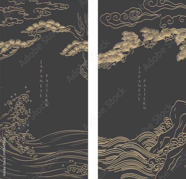 Fototapeta 	
Japanese background with Bonsai tree, wave and cloud element template vector. Abstract pattern with card design. Traditional nature layout design in vintage style