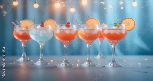 Fototapeta Here's a description based on the image and keywords:

A collection of colorful, refreshing alcoholic beverages are showcased. Garnished with fruit and fresh herbs, they're lit by overhead lights and 