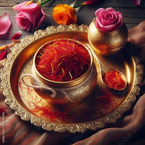 Fototapeta Saffron Silk Rich golden beverage with authentic Iranian saffron
