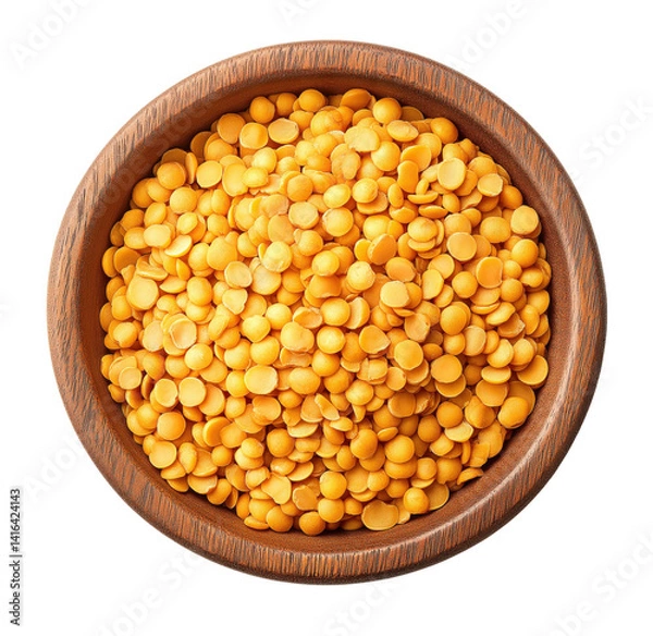Fototapeta Wooden bowl with red lentils isolated on a transparent background, top view