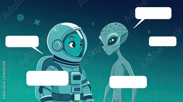 Obraz An astronaut and an alien converse in outer space. The vibrant twilight background adds to the uniqueness of this intriguing encounter