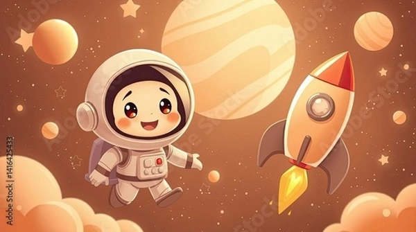 Fototapeta An adorable astronaut floats joyfully in outer space surrounded by colorful planets and a rocket launching into space amidst glowing stars