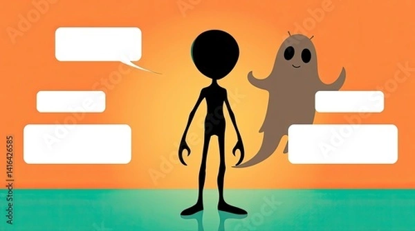 Fototapeta An alien figure stands alongside a ghost character in a lively interaction set against an orange backdrop filled with empty speech boxes for dialogue