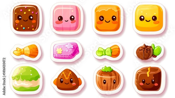 Fototapeta Sticker vector illustration, a cute cartoon candy set with different types of candies and chocolates on a white background