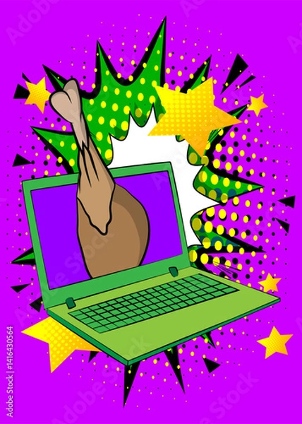 Fototapeta Cartoon Laptop, comic book Notebook with chicken drumstick and thigh. Retro vector comics pop art design.