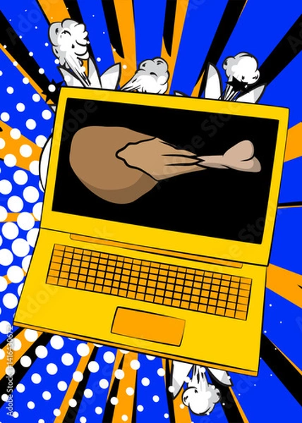 Fototapeta Cartoon Laptop, comic book Notebook with chicken drumstick and thigh. Retro vector comics pop art design.