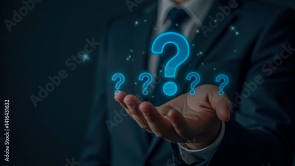 Obraz Businessman in Suit Holding Hand Forward with Floating Blue Question Marks Symbolizing Inquiry and Uncertainty in a Professional Environment