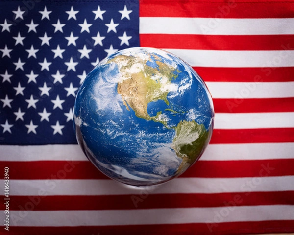 Obraz The globe on the US flag represents the influence of international trade on the US economy.