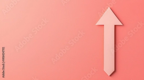Fototapeta A minimalist design featuring a pink upward arrow on a coral background, symbolizing growth and direction.