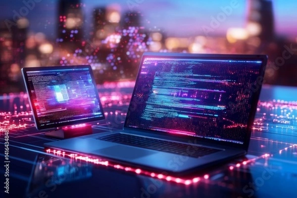 Fototapeta High-performance mobile workstation featuring a sleek laptop, external monitors, and dynamic lighting in a minimalist workspace