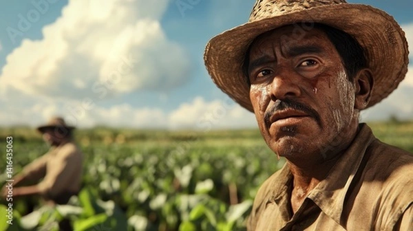 Fototapeta Migrant Worker in Field - A Latin American migrant worker toils in a sun-drenched field, symbolizing hard work, perseverance, hope, migration, and the agricultural landscape