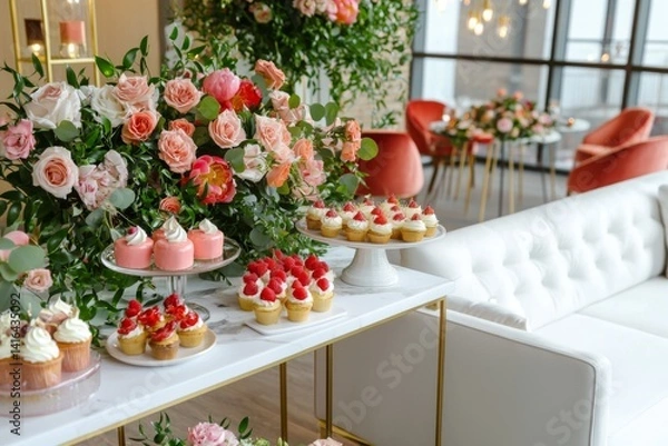 Obraz Intimate wedding event setup featuring a creative dessert table and chic seating arrangements
