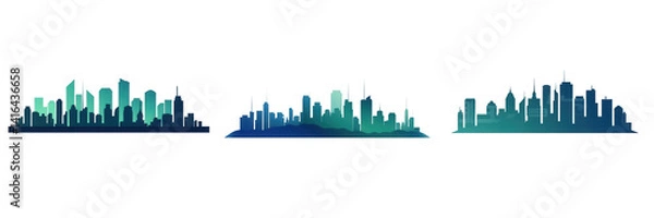 Fototapeta A vibrant skyline illustration showcasing a cityscape with modern buildings, layered in shades of blue and green, ideal for urban-themed projects isolated on white or transparent png