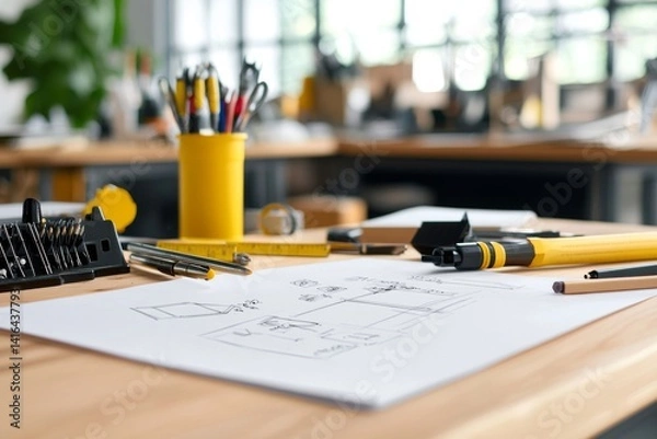 Obraz Innovative product prototype on workbench, sketches and tools scattered, clean and minimalistic setting