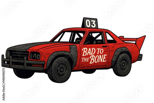 Fototapeta Rotes Derbyauto mit „Bad to the Bone“-Schriftzug und Nummer 03