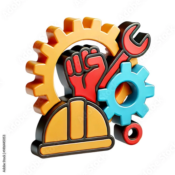 Fototapeta Illustration of a May Day labor icon featuring a raised red fist of worker strength, surrounded by yellow and blue gears, a hard hat, and a wrench on a clean background