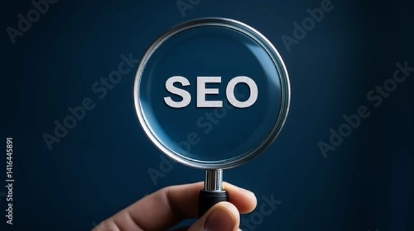 Fototapeta A close-up of a hand holding a magnifying glass that highlights the word 'SEO' against a dark background, symbolizing the importance of search engine optimization in digital market