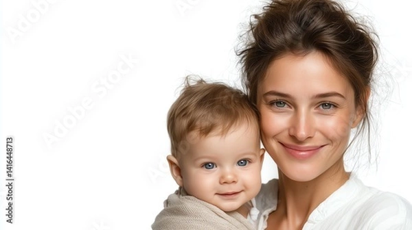 Fototapeta A joyful moment captured between a mother and her smiling baby. The natural expressions convey warmth and love, perfect for family-focused themes and parenting-related content.