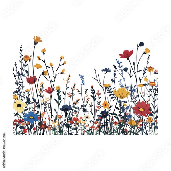 Fototapeta Meadow with wildflowers mix of colorful vector art white background