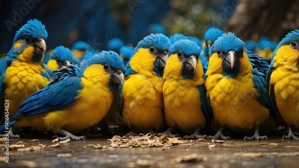 Fototapeta A vivid image featuring a bright yellow bird standing out among a large group of uniformly colored blue birds.