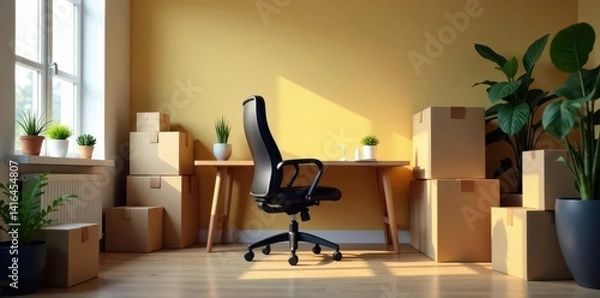 Obraz Empty office chair by desk, surrounded by packed boxes , business, arrival, empty chair