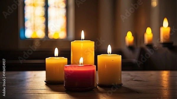 Fototapeta A row of lit candles in varying sizes is placed in front of a blurred background