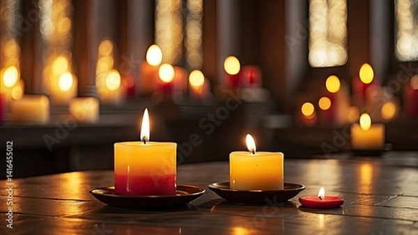 Fototapeta A row of lit candles in varying sizes is placed in front of a blurred background