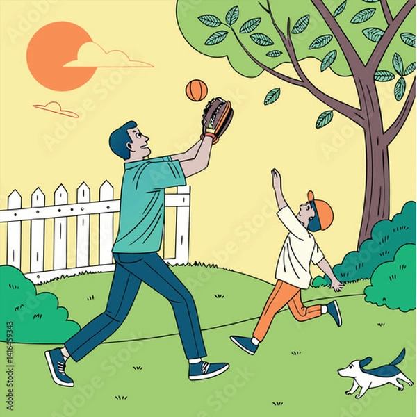 Obraz Father and Son Playing Catch in the Park with Dog — Family Outdoor Activity Illustration