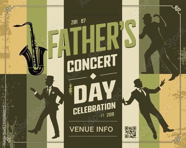 Obraz Vintage Father's Day Jazz Poster with Saxophone and Dancing Musicians Illustration