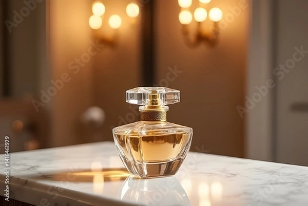 Obraz Perfume bottle with candles and glass on a table at night, creating a cozy and celebratory atmosphere