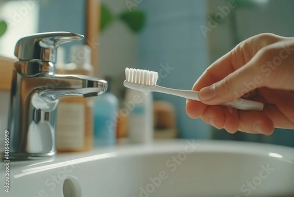 Fototapeta Close-up of a person holding a toothbrush near a modern bathroom sink with various toiletries visible