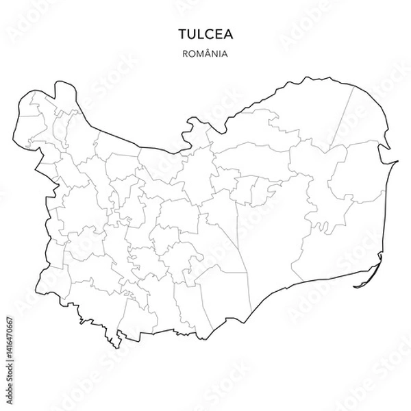 Fototapeta Vector Map of Tulcea County (Județul Tulcea) with all Administrative Territorial Units (UAT) including Municipalities (Municipii), Towns (Orașe) and Communes (Comune) - Romania 2025