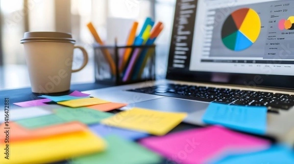 Fototapeta Analyzing Data with Laptop and Coffee Cup Surrounded by Notes