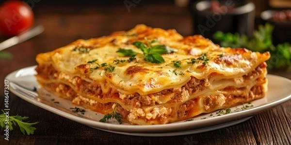 Fototapeta Hearty Meat Lasagna Served on a Rustic Table
