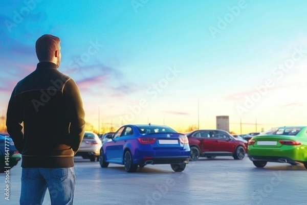 Obraz A man stands in front of a range of rental cars in a well-lit lot, contemplating his choice. The sky is blue and the cars have vibrant colors, showcasing variety.