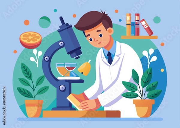 Obraz Scientist Examining Orange Under Microscope in Laboratory