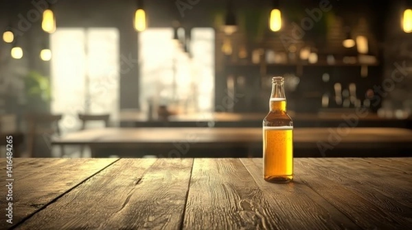 Fototapeta Craft beer bottles on rustic table at cozy bar evening atmosphere relaxed setting