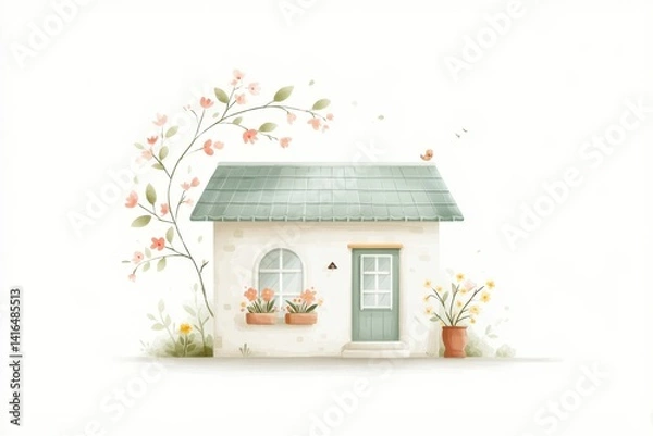 Fototapeta Charming floral cottage illustration tranquil environment digital artwork nature-inspired design