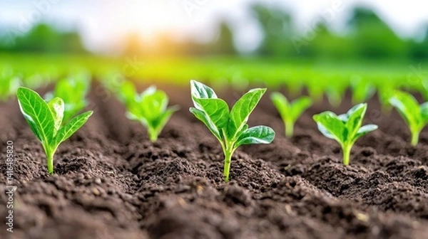 Fototapeta Vibrant green seedlings emerging from soil in sunlight representing growth and new beginnings