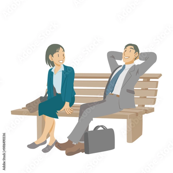Obraz ベンチで談笑するビジネスパーソンの男女