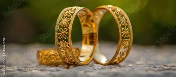 Fototapeta Exquisite gold bangles with intricate floral design on textured surface