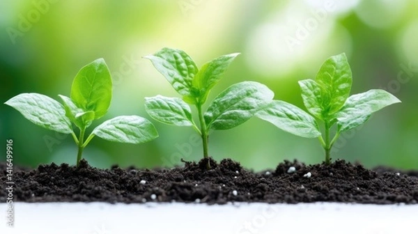 Fototapeta Three young sprouts emerge from soil, bathed in soft light.  Healthy growth, fresh start, new beginnings