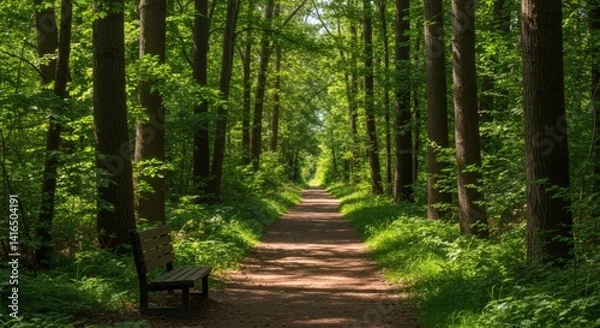 Fototapeta Walking Path Through Lush Green Forest with a Bench Alongside