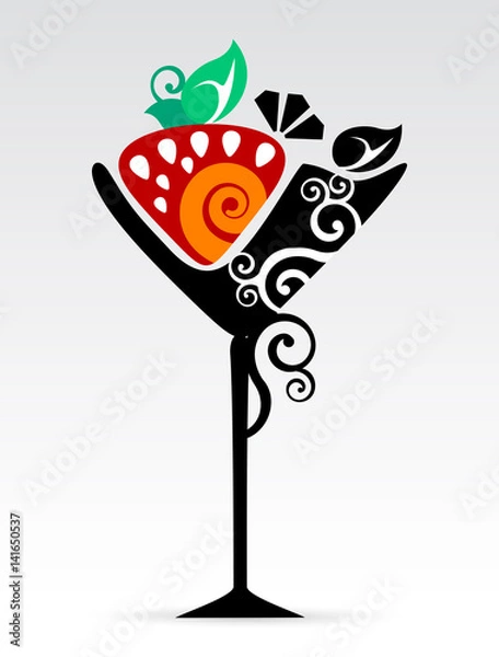 Obraz Happy hour cocktail rossini con fragola e champagne in un bicchiere con foglie e decorazioni