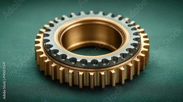 Fototapeta Precision-Engineered Gold and Silver Gear on Green Fabric Background
