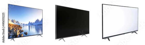 Fototapeta Set of modern flat-screen LED TVs shown in angled stylish views isolated on a white or transparent background.