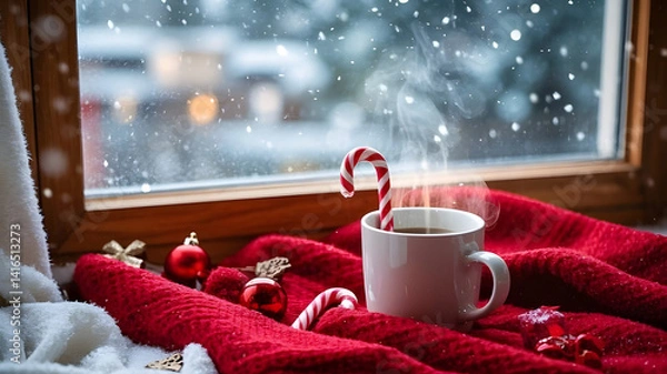 Obraz Steaming mug with candy cane on red blanket by snowy window – cozy Christmas morning scene with holiday decor and hot drink, winter flatlay concept with festive atmosphere


