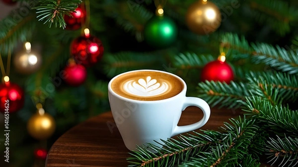 Obraz Hot cappuccino with latte art in white cup on wooden table, Christmas tree with colorful baubles and lights in background, cozy holiday coffee shop atmosphere, winter festive decoration

