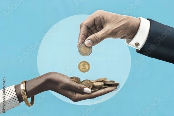 Fototapeta Art collage of a hand transferring coins to another hand against a blue background, symbolizing financial transactions. (Money)
